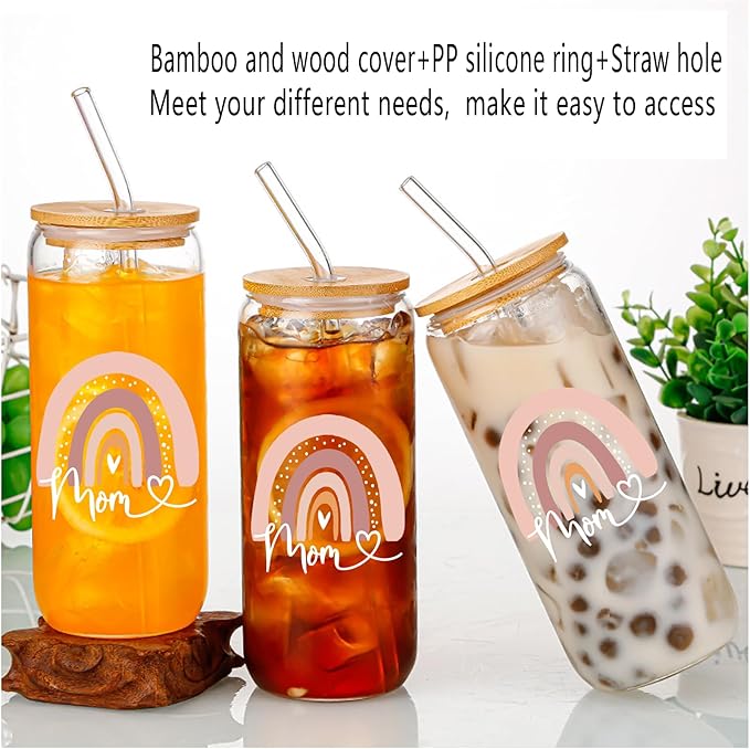 Mom Glass Cups with Lids and Straws, 16 Oz Glasses Set, Perfect for Mothers Day, Birthday, Christmas Gifts for Mom