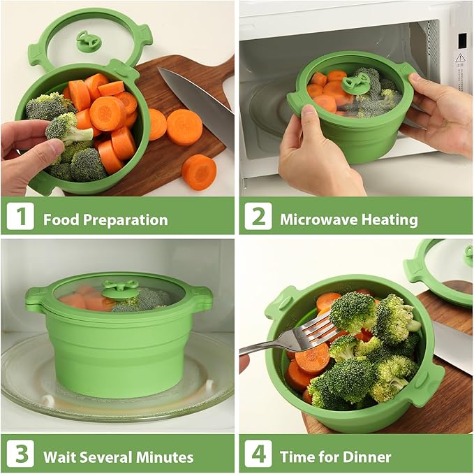 Collapsible Silicone Microwave Cookware Cooker Steamer for Cooking with Lids, 0.8L and 1.4L Glass Food Storage Container Sealed Bowl Mixing Bowls 3pc Set BPA Free