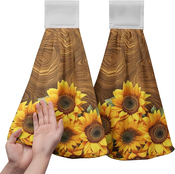 Summer Sunflowers Hanging Kitchen Towels Vintage Brown Yellow Flowers Hand Towel with Hanging Loop Tie Towels Soft Absorbent Dish Tea Towel Decorative for Bathroom Farmhouse Decor