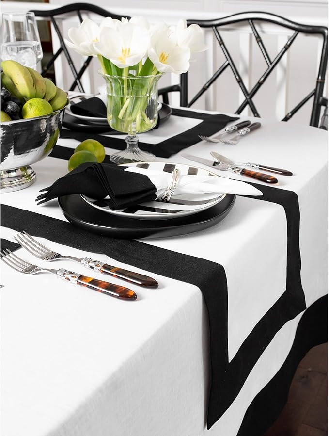Solino Home Linen Tablecloth 60 x 90 Inch - 100% Pure Linen Black and White Tablecloth for Rectangle Tables - Contempo, Machine Washable Table Cloth for Winter, Holiday