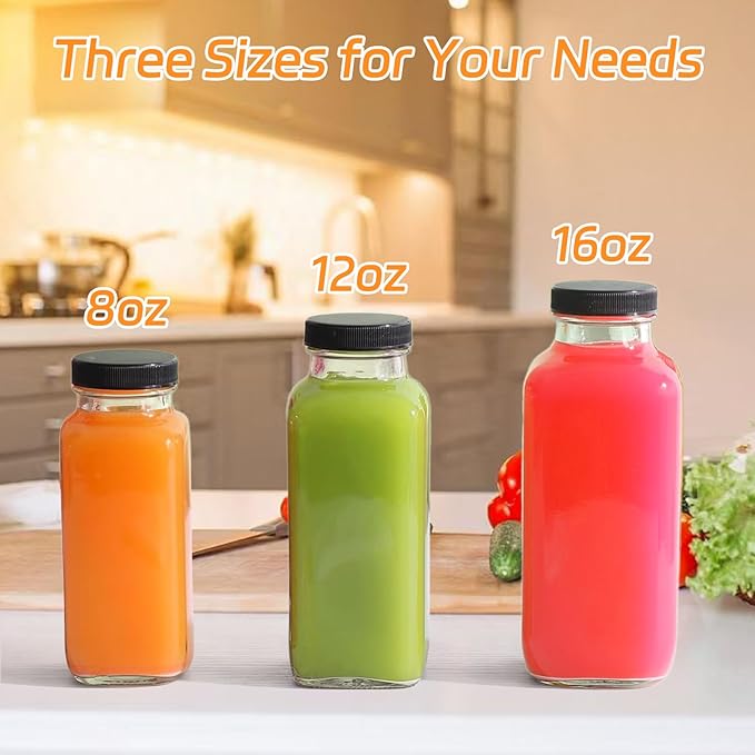 12 Pack 12oz Glass Drink Bottles with Lids, 360ml Vintage Glass Water Bottles with Caps, Reusable Juice Containers Drinking Jars for Juicing, Milk, Ginger, Kombucha, Beverages