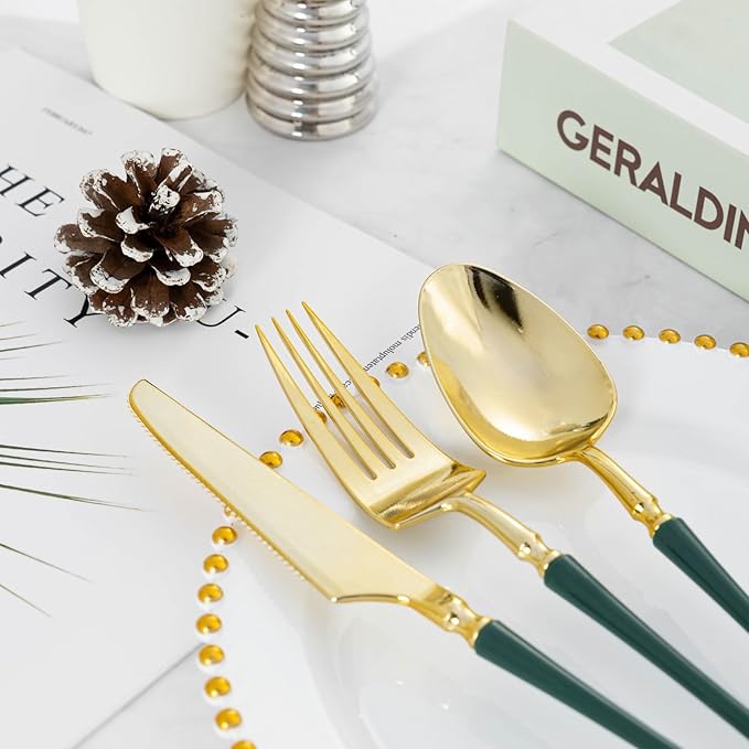 Lullaby 150pcs Gold Plastic Silverware, High End Disposable Cutlery with Dark Green Handle Include 50 Forks, 50 Spoons, 50 Knives, Elegant Silverware for Wedding, Party, Gathering and Daily Use