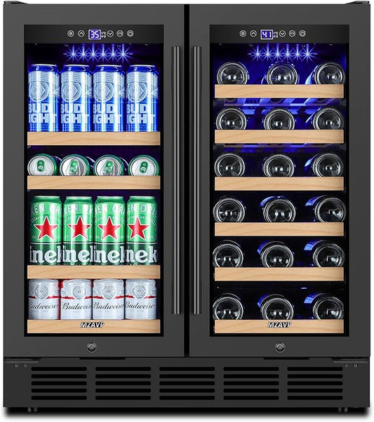 30 Inch Wine and Beverage Refrigerator, Dual Zone Wine Fridge 30", Beverage Cooler Under Counter or Freestanding 30" Wine Beer Fridge with Upgraded Cooling, Holds 30 Bottles and 110 Cans, Black