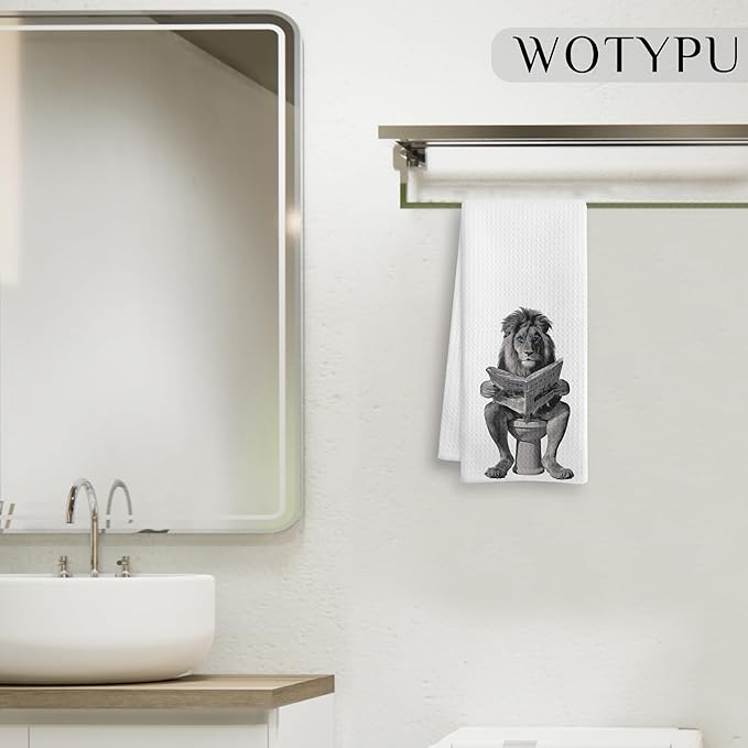 Lion Hand Gift Towels for Bathroom, Boys Kids Bathroom Decor, Funny Jungle Animal Lion on Toilet Decorative Hand Towels for Guest Bath Room Washroom Power Room Vanity Half Bath, 16x24 Inch