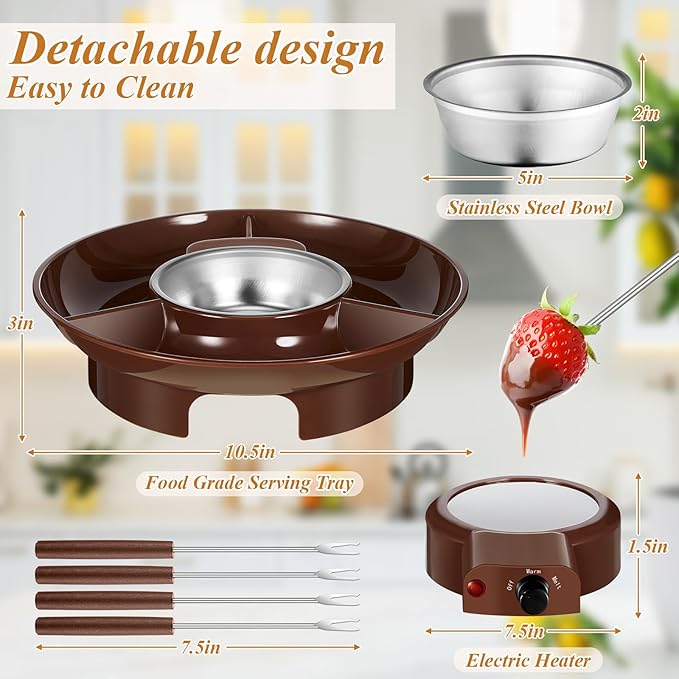Lallisa Electric Fondue Pot Set, Chocolate Fondue Kit, Electric Fondue Maker, Detachable Serving Trays with 4 Roasting Forks, Gift Set for Date Night House Warming Melting Parties(Brown)