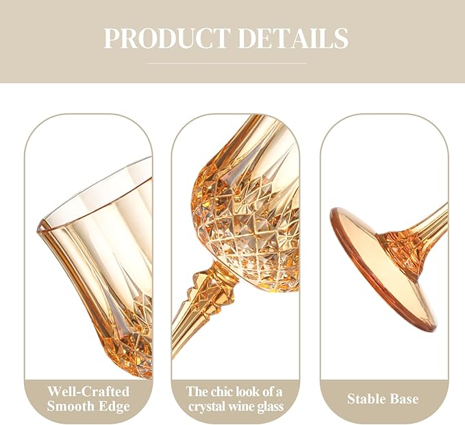 XUWAIDSGN 48 Pcs 7oz Plastic Vintage Wine Glasses Drinking Glasses Unbreakable Wedding Glassware Crystal Water Goblets Reusable Drinkware Vintage Champagne Flutes (48, Amber)