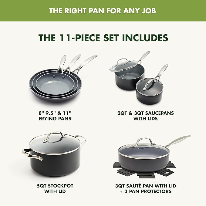 GreenPan Valencia Pro Ceramic Nonstick 11 Piece Cookware Set, Hard Anodized PFAS-Free Pots & Pans, Induction Ready, Compatible on All Cooktops, Dishwasher Safe, Oven Safe to 600F, Gray