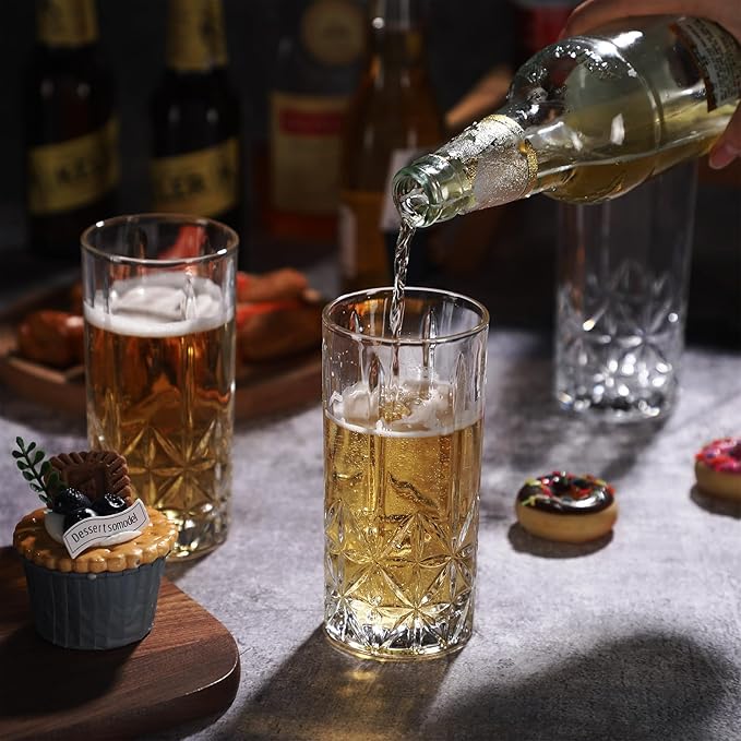 Uiifan Set of 12 Tall Highball Glasses 12 oz Crystal Drinking Glasses Clear Fancy Cups Vintage Textured Designer Glassware for Cocktail Tea Water Beer Soda Beverages, Dishwasher Safe(Stylish Style)