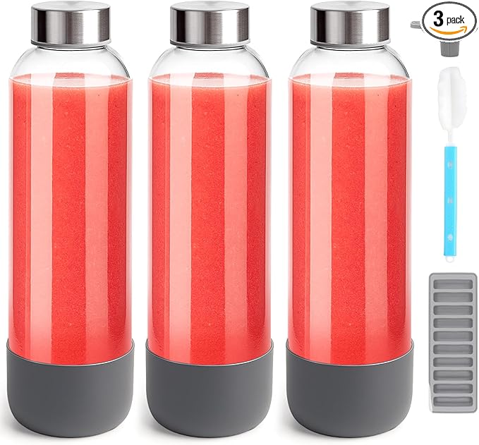 Zukro 32 oz Glass Juice Bottles With Lids, 3 Pack Large Clear Glass Bottle with Airtight Stainless Steel Lids For Juicing, Water, Homemade Drinks, Non-slip Silicone Base, Leak Proof & BPA Free