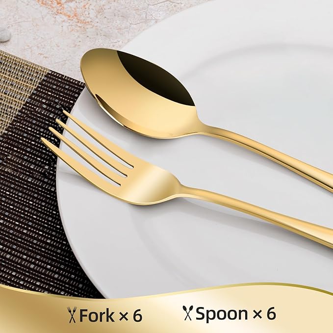 12 Pieces Spoons and Forks Set,Food Grade Stainless Steel Flatware Cutlery Set,6 Forks(6.8 inch)and 6 Spoons(6.6inch)Silverware Set for Home,Kitchen,Restaurant-Mirror Polished & Dishwasher Safe(Gold)