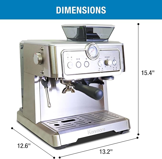 Kenmore Espresso Machine – Automatic Coffee Maker with Manual Tamper, Auto Cleaning, Milk Steamer & Frother, Bean Grinder, Brew Professional Barista Style Cappuccino, Café Latte