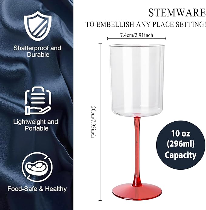 Ciaell 12 Pack 10 Oz Clear Plastic Wine Glasses with Red Stem - Disposable Cocktail Goblets Perfect for Parties & Weddings & Poolside & Outdoors & Camping & Party & Christmas