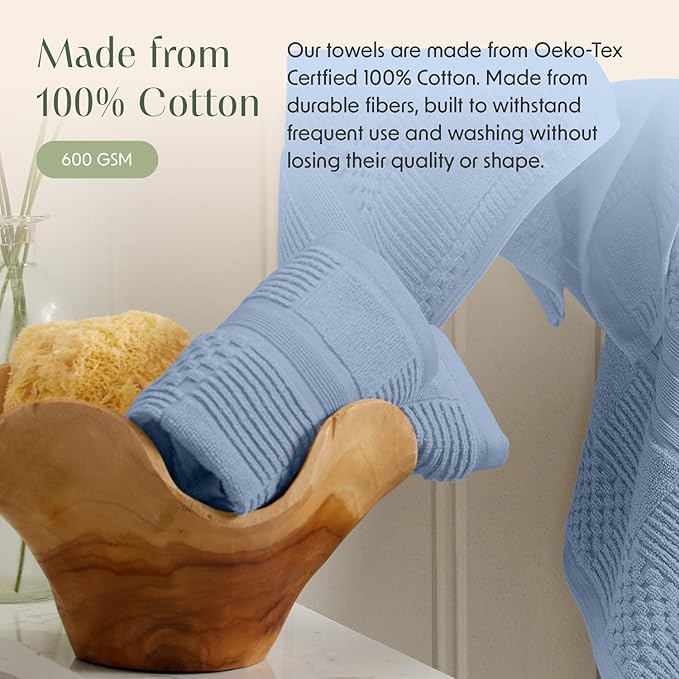 Springtree Home 100% Cotton Bathroom Towel Set | 6 Piece Set - Blue Towels | Geometric Textured Design | Absorbent & Quick-Dry | Oeko-TEX® Standard 100 Cotton | Myla Collection - Blue Cashmere