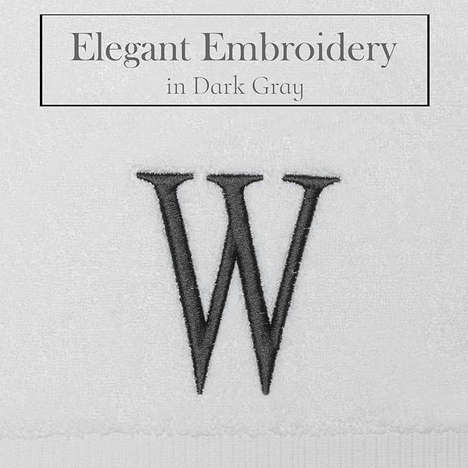 Dark Gray Luxury Hand Towel for Bathroom - Monogrammed Initial Hotel Quality Decorative Embroidered Towel for Powder Room, Spa - GOTS Organic Certified - Pack of 2, Letter W