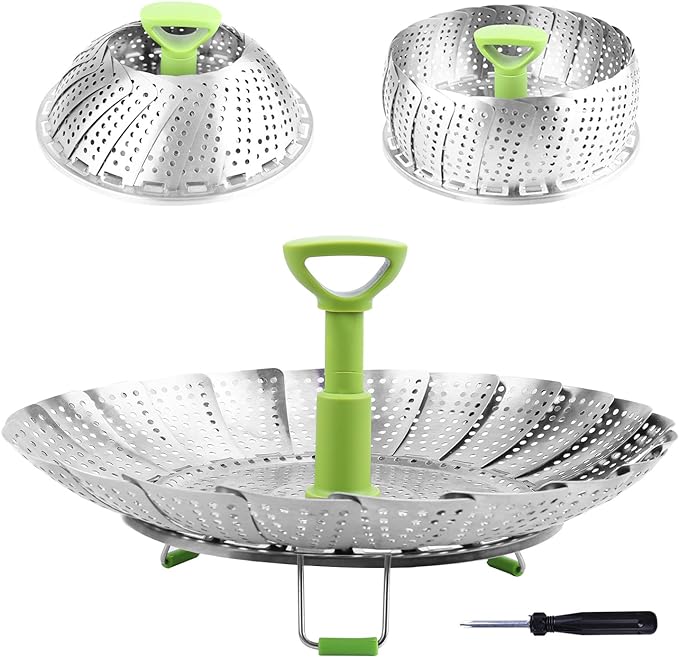 Consevisen Vegetable Steamer Basket for Cooking Food, Stainless Steel Veggie Steam Basket for Pot, Folding Expandable Steaming Insert with Extendable Handle Fits Various Size Pot, 7.1" to 11"