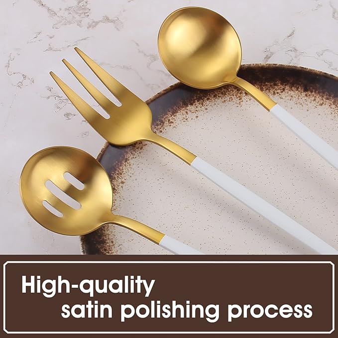 Matte White Gold Serving Silverware Set, 5-Piece Round Shared Utensils Set of Stainless Steel, Hostess Flatware Serving Set, Satin Finish, Dishwasher Safe