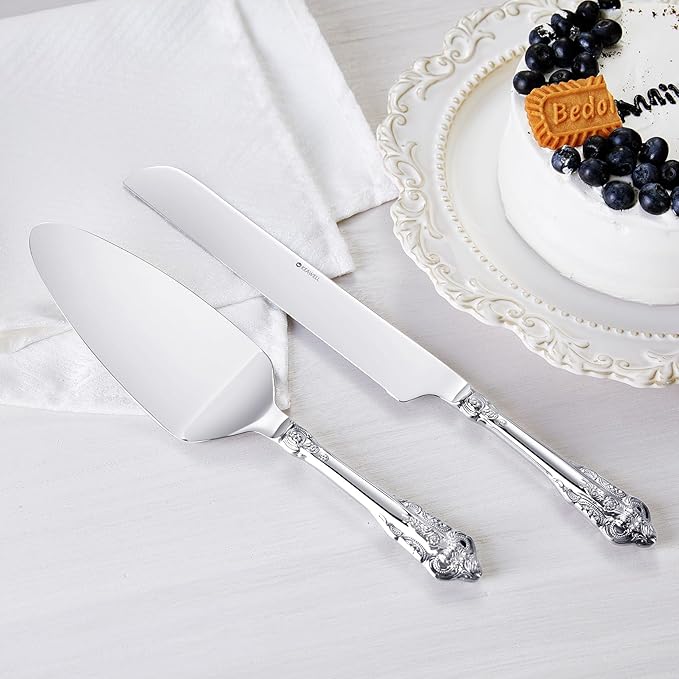 KEAWELL Gorgeous Wedding Cake Knife and Server Set, 18/10 Stainless Steel, Fine Luxury Cake Cutting Set (Silver)