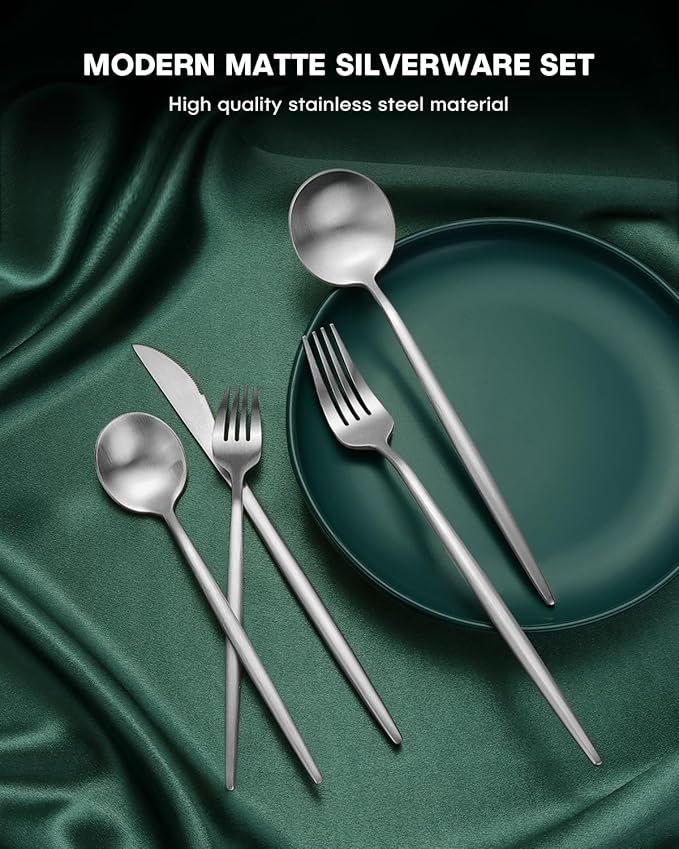 EUIRIO 40-Piece Matte Silverware Set, Modern Flatware Set Service for 8, Premium Stainless Steel Cutlery Set with Forks Spoons and Knives, Heavy Duty Kitchen Utensils Set, Dishwasher Safe