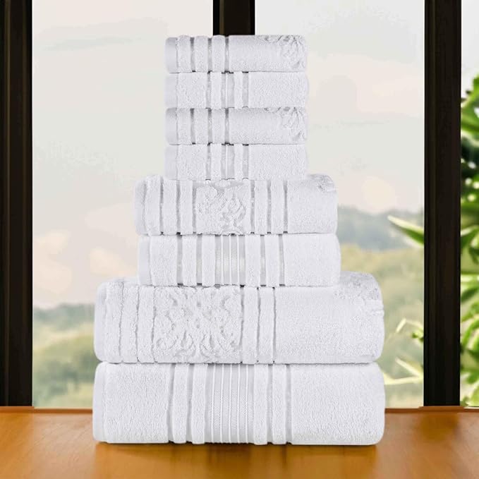 Superior Cotton 8 Piece Assorted Floral Towel Set, Includes 2 Bath, 2 Hand, 4 Washcloth/Face Towels, Quick Dry, Home Essentials, Shower, Spa, Luxury Plush Soft Absorbent Towels, Zero Twist, White
