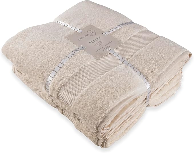 Maisonette Elegance 100% Organic Cotton Turkish Bathroom Towel Set, Soft & Absorbent, Ideal Quick Dry Luxury Hand, Large Bath Towels & Washcloths for Shower (6 Pack), Light Beige (Natural)