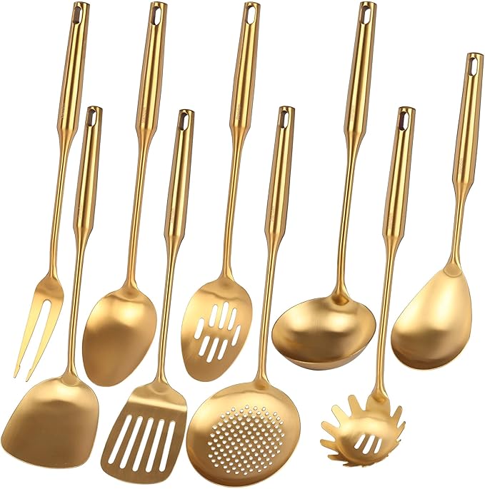 Gold Kitchen Utensils Set - 18/10 Stainless Steel Cooking Tools, 15" All Metal Serving Utensils with Fork, Solid/Slotted Spoon, Spatula, Ladle, Skimmer, Tunner, Pasta Spoon, Large Spoon, Set of 9