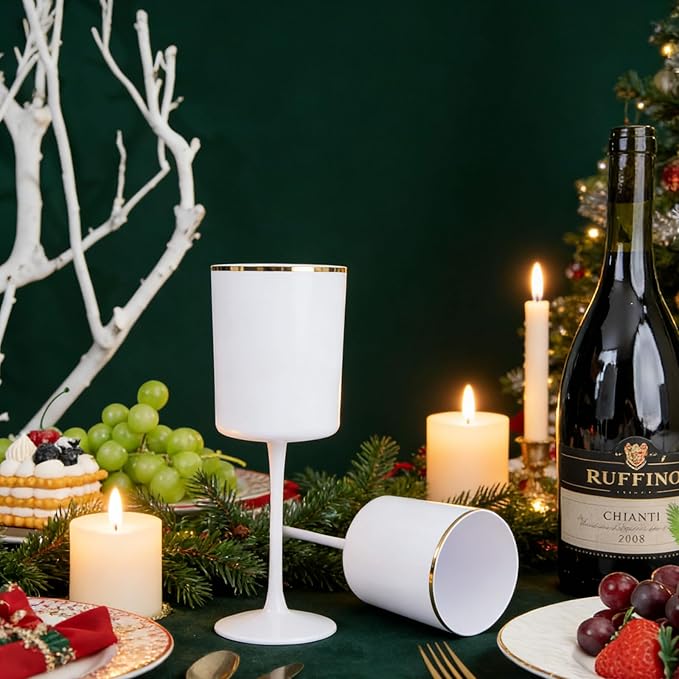 Ciaell 12 Pack White Plastic Wine Glasses with Stem - 10 Oz White and Gold Disposable Wine Glasses for Parties & Christmas & Weddings & Poolside & Toasting & Outdoors & New Year