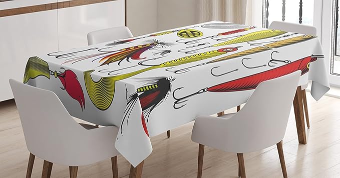 Ambesonne Fishing Tablecloth, Group of Artificial Bait Twister Trapping Activity Hunting Fishing Concept, Rectangular Table Cover for Dining Room Kitchen Decor, 60" X 90", Yellow Red