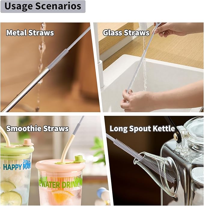 Silicone Straw Cleaner Brush, 2Pcs Reusable Straw Brush Extra Long for Cleaning Tumbler with Handle and Glass Metal Smoothie Straws, Non-slip Handle Soft and Bendable, 6mm+9mm (Gray)