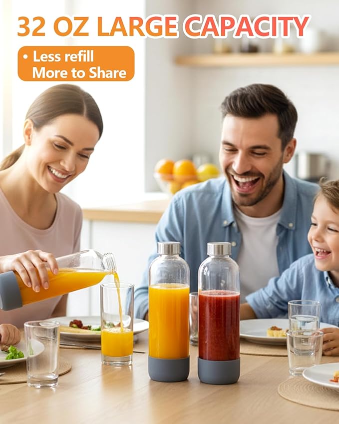 Zukro 32 oz Glass Juice Bottles With Lids, 3 Pack Large Clear Glass Bottle with Airtight Stainless Steel Lids For Juicing, Water, Homemade Drinks, Non-slip Silicone Base, Leak Proof & BPA Free