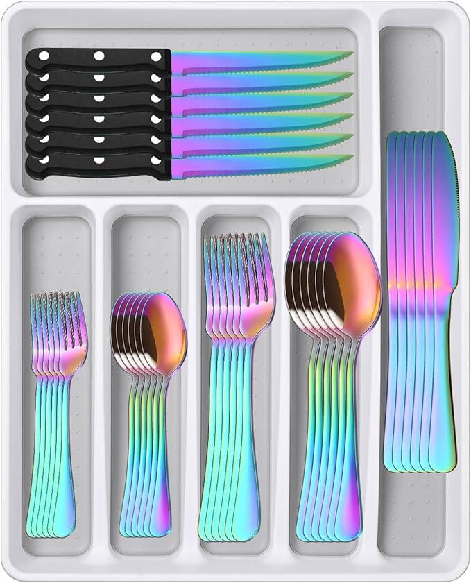 49-Pieces Colorful Rainbow Stainless Steel Silverware Sets With Organizer And Steak Knives,Knife Spoon And Fork Eating Utensils Sets For Ktichen,Multicolor Flatware Sets With Cutlery Tray