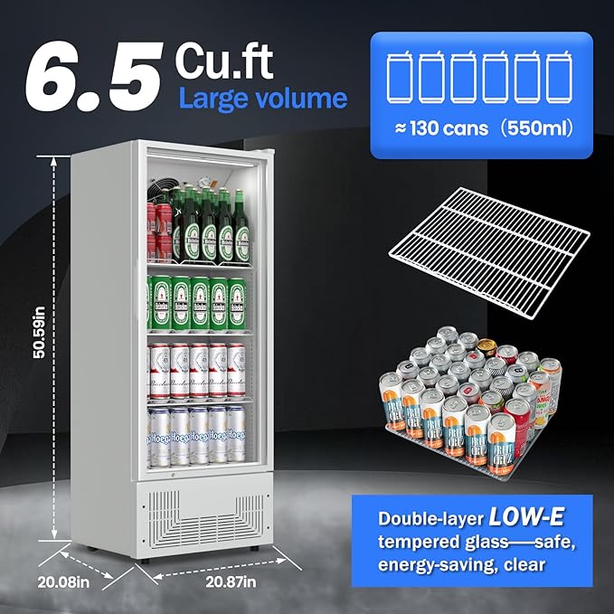 6.5 Cu.Ft Commercial Beverage Refrigerator Glass Door Upright Drink Cooler Display Fridge with Adjustable Shelves and LED Light for Restaurant Bar Store Office White