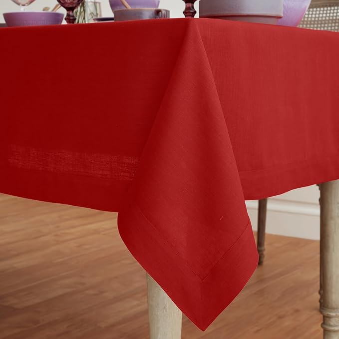 Solino Home Linen Red Tablecloth 60 x 84 Inch - 100% Pure Linen Rectangular Tablecloth - Machine Washable Table Cloth for Valentines, Holiday, Winter, New Year - Fete