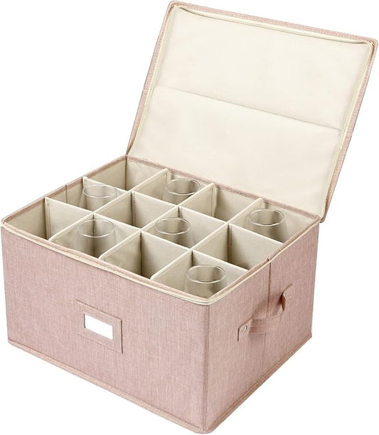popoly Wine Glass Storage Box, Stemware Storage Containers Cases with Dividers, Stackable Moving Supplies for 12 Wine Glasses, Drinkware, Glassware or Crystal (Beige)