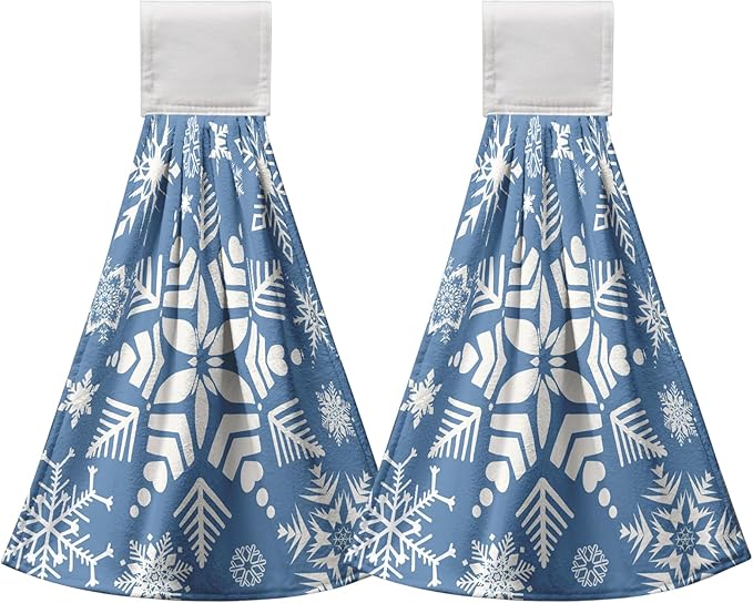 Snowflakes Winter Hanging Kitchen Towels Blue Snow Hand Tie Towel for Bathroom Holiday Decor Soft Absorbent Hanging Dish Towels for Home Accessories