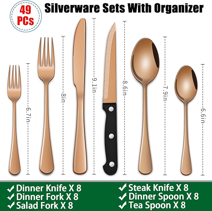 49-Piece Rose Gold Stainless Steel Silverware Sets With Organizer And Steak Knives Service For 8,Includes Knife Spoon And Fork Untensils Sets,Flatware Sets With Cutlery Tray