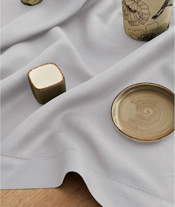 Solino Home Linen Soft Grey Table Runner 132 Inches Long - 100% Pure Linen Extra Long Table Runner 14 x 132 Inch for New Year - Classic Hemstitch