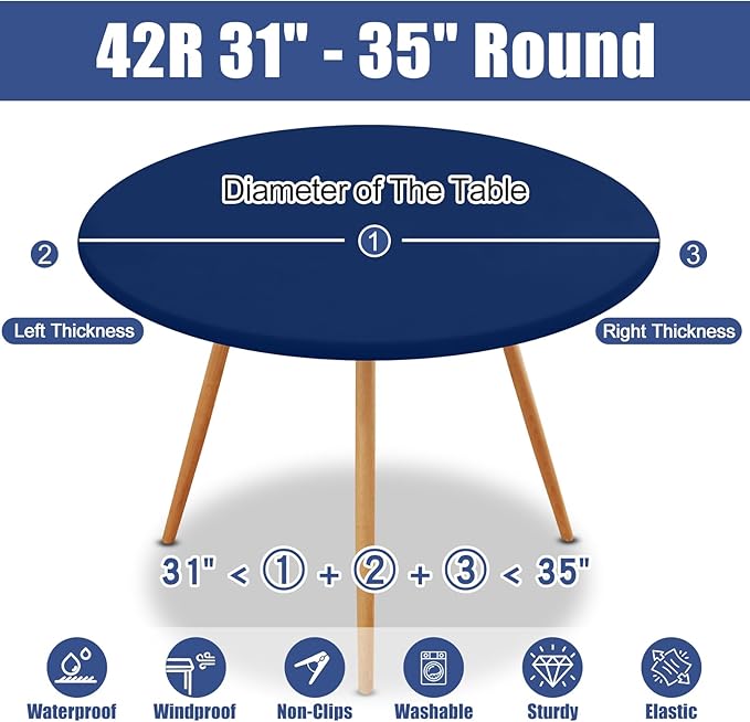 Round Spandex Tablecloth, Elastic Fitted Waterproof Tablecloths for 31"-35" Tables, Stretch Washable Picnic Table Cover for Camping, Dining, Indoor and Outdoor, Navy
