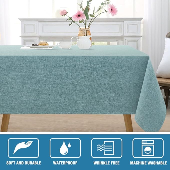 H.VERSAILTEX Linen Textured Tablecloth 54 x 80 Waterproof Decorative Table Cloth Spill-Proof Linen Look Cover for Party Table Extra Soft and Thick Fabric Wrinkle Free, Heather Aqua