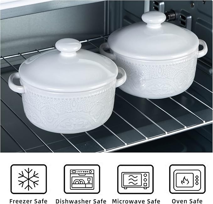 Mini Cocotte Set, 10 OZ Small Casserole Dishes with Lids, Ceramic Kitchen Casserole Sets With Handles, French Onion Soup Bowls, Soup Crocks for French Onion, Desserts, Beef Stew, Cereal, Pot Pies, Set of 4 (White)