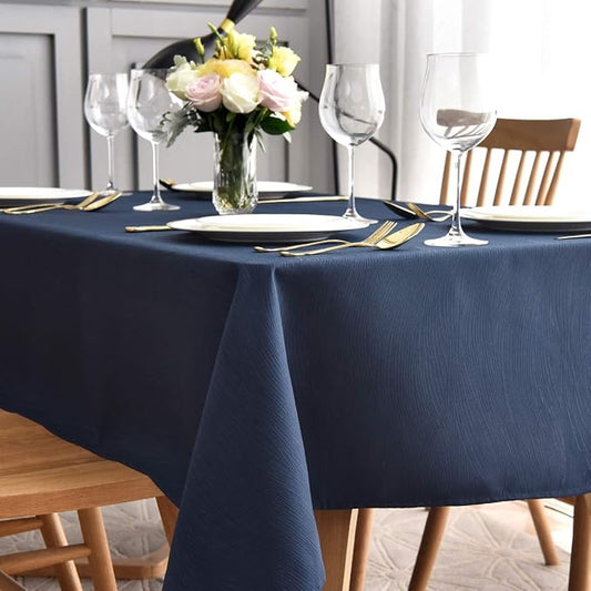 maxmill Jacquard Table Cloth Waving Pattern Water Proof Wrinkle Free Heavy Weight Soft Tablecloth Decorative Fabric Table Cover for Outdoor and Indoor Use Rectangular 60 x 104 Inch Navy Blue