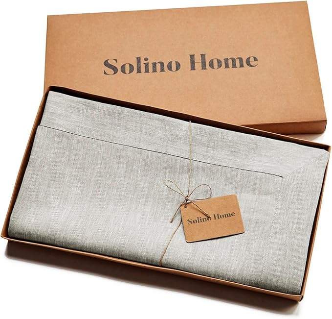 Solino Home Linen Tablecloth 60 x 108 Inch - 100% Pure Linen Oyster Grey Table Cloth for Rectangular Tables - Athena, Machine Washable Cloth Tablecloth for Holiday