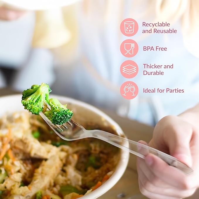 Prestee 100 Count Plastic Forks - Heavy Duty Forks Disposable for Parties, Events, and Catering - Crystal Clear Silverware and Durable Plastic Utensils Flatware Set for Weddings and Celebrations