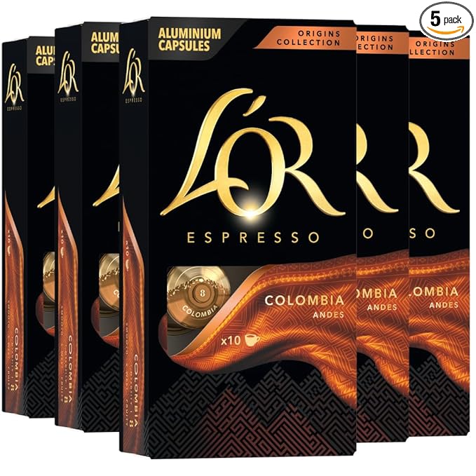 L'OR Espresso Capsules, 50 Count Colombia, Single-Serve Aluminum Coffee Capsules Compatible with the L'OR BARISTA System & *Nespresso Original Machines, 50 Count (Pack of 5)