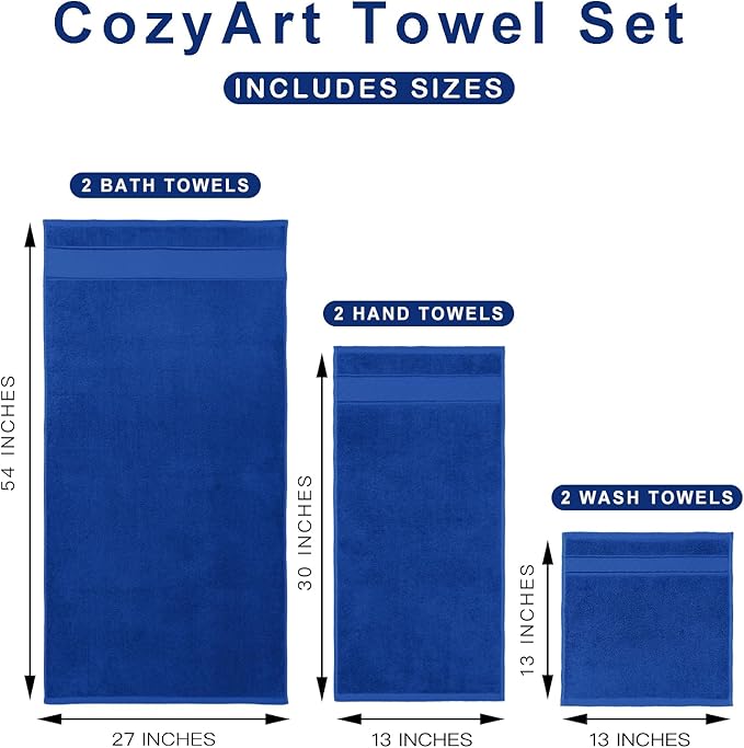 COZYART Royal Blue Bath Towels Set 6 Piece, 2 Bath Towels 2 Hand Towels 2 Washcloths, Luxury 100% Turkish Cotton 650GSM Hotel Quality, Soft, Absorbent, Towel Sets for Bathroom