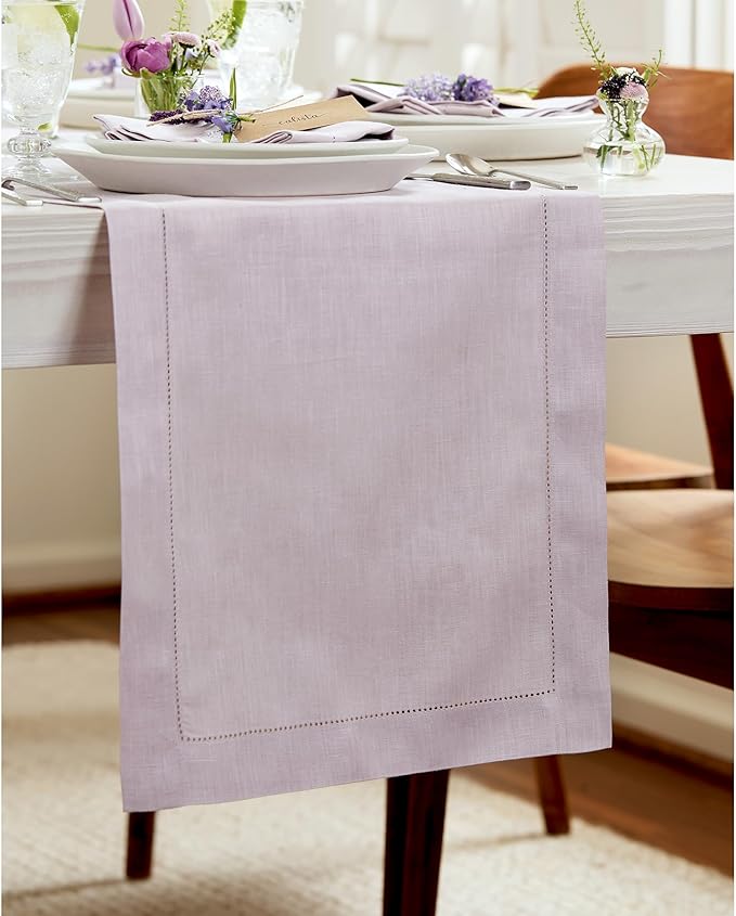 Solino Home Linen Table Runner 60 Inches - 100% Pure Linen Lilac Hemstitch Table Runner 14 x 60 Inch Ideal for Dresser and Coffee Tables, Valentines - Classic Hemstitch