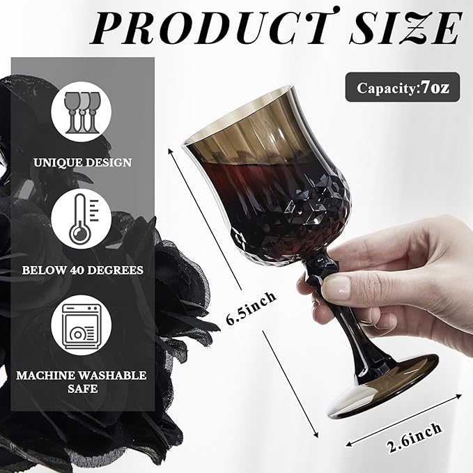 Pinkunn 6 Pcs 7 oz Plastic Vintage Wine Glasses Reusable Colored Goblets Patterned Drinking Water Glasses Cup Dishwasher Safe for Christmas Wedding Reception Party Supplies (Black)