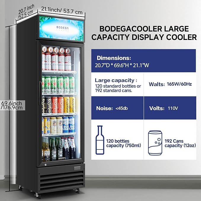 BODEGA BODEGACOOLER Commercial Beverage Refrigerator and Cooler, Commercial Merchandiser Refrigerator with Soft LED Light, Adjustable Shelves, Display Cooler with 192 cans & 120 bottles,9.0 Cu.Ft.