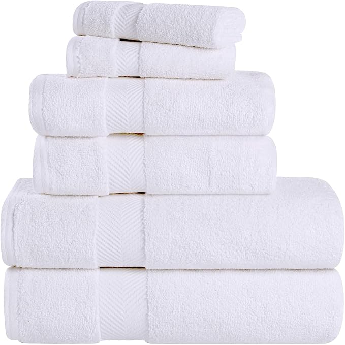 Superior Zero Twist 100% Cotton Bathroom Towels, Super Soft, Fluffy, and Absorbent, Premium Quality 6 Piece Towel Set with 2 Washcloths, 2 Hand Towels, and 2 Bath Towels, White