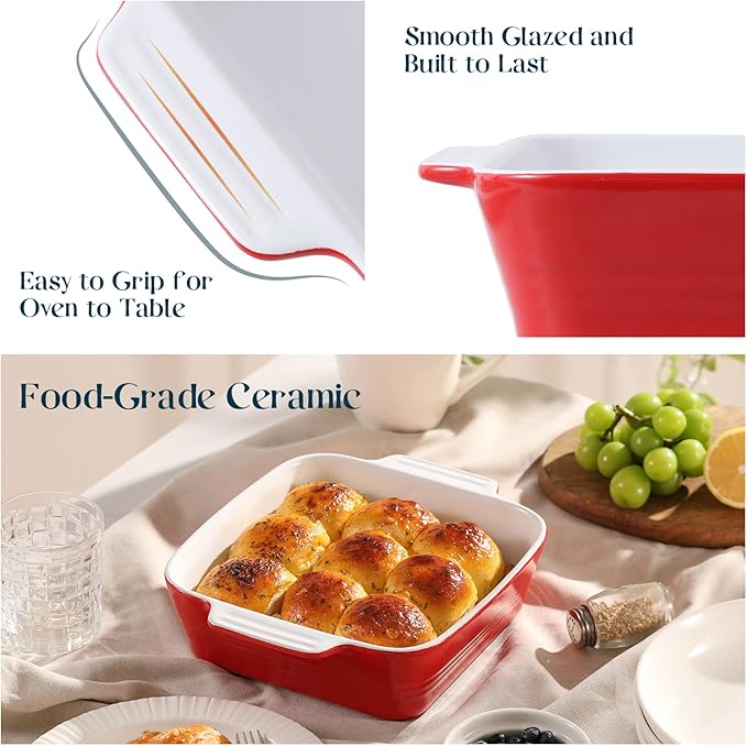 DOWAN 8x8 Baking dish, Square Baking Pan, Ceramic Casserole Dishes for Oven, Cake Pan with Handle, for Brownie, Lasagna, Casserole, 2 Quart, Home Gift, Wedding Gift, Red