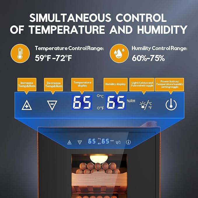 Tylza Leather Trim Cigar Humidor, 25L Cigar Humidor Cabinet with Auto Humidity & Temp Control, 220 Counts, 3 LED Lights, Spanish Cedar Wood, Cigar Humidors with Safety Lock, Gifts for Men